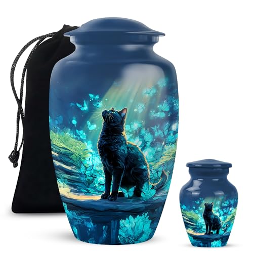 Yatskia Cat with Blue Butterflies at Spring Little Keepsake Urns for Human Ashes Adult Male and Female, Large Burial Urn for Ashes Adult Men, (Classic 10 Inch and 3 Inch) - color: #4 Cat, size: 10 Inch and 3 Inch (Pack of 2)
