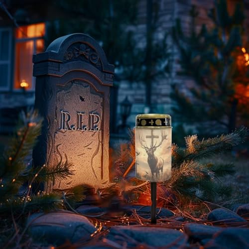 Poceacles Solar Lights Cemetery Solar Lights for Grave Solar Candle Solar Lantern Light Walkway Lights Waterproof Landscape Lighting for Loss of Loved One, Deer Cross Dove of Peace Brown - color: Deer Cross Dove of Peace Brown