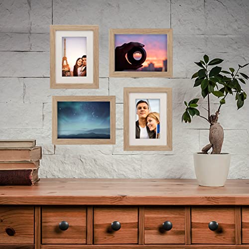 5x7 Modern Home Gallery Picture Frame Collage Set, Natural Oak Textured Wood Grain Profile, Shatter Free Plexi Glass Matted for 3.5x5.5 Photo, Postcard, 4 Pack - color: Natural Oak, size: 5 x 7 in 4pk