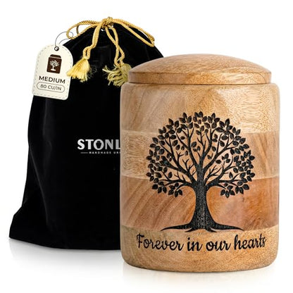 Medium Wooden Cremation Urn for Human Ashes – 80 Cubic Inch Tree of Life Engraved Memorial Urn, Natural Wood, Partial Ashes or Shared Remains - size: Medium 80 Cu In