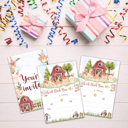 Farm Animal Birthday Invitation Cards with Envelopes, 20 Pack 4x6 Fill-In Party Invites for Boys Girls, Barnyard Kids Birthday Party Supplies - B04 - color: Farm