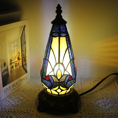Small Tiffany Lamp Stained Glass Table Lamp 5.5X11 Inch Christmas Tree Lighthouse Mini Accent Memory Sympathy Antique Night Light for Bedroom Living Room (Yellow Liaison) - color: Yellow Liaison