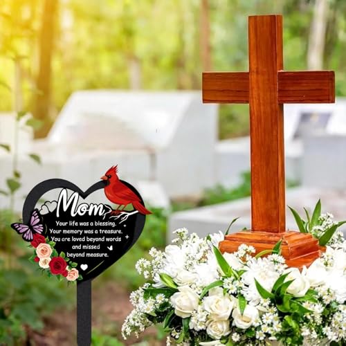 Grave Decorations for Cemetery - Memorial Mom Metal Graves Stakes | Outdoors Heart Cardinals Remembrance Plaque Black Waterproof Flower Graveside Burial Decor Sympathy Gifts for Loss of Mother - style: Mom