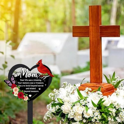 Grave Decorations for Cemetery - Memorial Mom Metal Graves Stakes | Outdoors Heart Cardinals Remembrance Plaque Black Waterproof Flower Graveside Burial Decor Sympathy Gifts for Loss of Mother - style: Mom