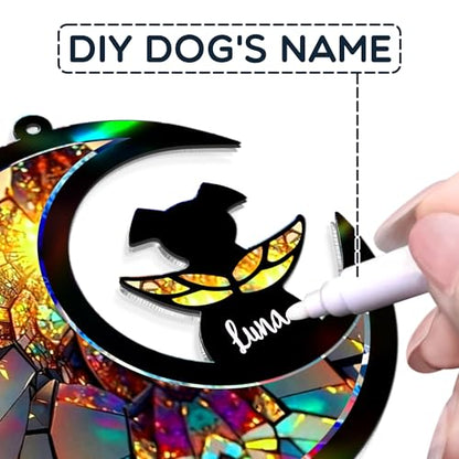 Dog Memorial Suncatcher – DIY Dog Angel Memorial Acrylic and Wood Ornament – Personalized Pet Loss Window Hanging – Sympathy Gift for Pet Lovers, Loss of Remembrance Gift, Wings on Moon