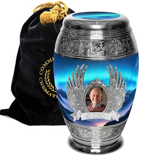 Aurora Borealis Cremation Urns for Human Ashes Adult Male Urns for Ashes | Large Northern Lights Cremation Urn for Ashes Adult Male & Female, Metal, Threaded Lid, Felt Bottom - color: Aurora Borealis - Engraved Angel, size: Large