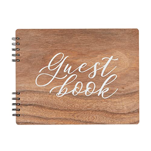 Paper Junkie Rustic Wooden Guest Book for Party - 112 Pages, 11.25 x 8.75 in Brown Wood Cover - Wedding & Baby Shower Guest Book Sign in