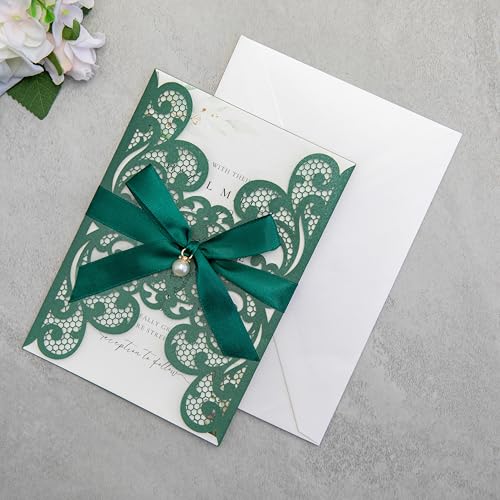 20Pcs Emerald Green Laser Cut Wedding Invitation Cards With Envelopes - color: Emerald Green