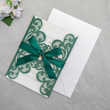 20Pcs Emerald Green Laser Cut Wedding Invitation Cards With Envelopes - color: Emerald Green