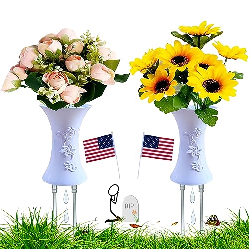 White Cemetery Grave Vase with Spikes Flowers Holder Decorations for Cemetery with Metal Stakes for Garden Yard 11 Inch (2 PCS) (Set A)