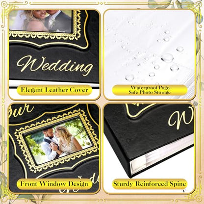 Dunzoom Memory Photo Album Holds 200 Pcs 4 x 6 Inch Leather Wedding Anniversary Family Photo Album with Front Window Double Heart Memory Scrapbook for Couple Gifts () - style: Black Our Wedding