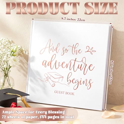 2026 Graduation Guest Book 8.7'' x 8.7" with 2 Markers Adventure Begins Guestbook Class of 2026 Picture Book Hardcover Rose Gold Foiled Photo Album for Graduation Party Supply Gifts 144 Pages - color: White, style: Motivational