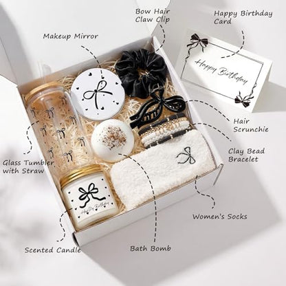 Elegant Birthday Gifts for Women, Black Bow Unique Birthday Relaxing Gifts Box with Scented Candles, Greeting Card & Home-Spa Relaxation, Birthdays Presents for Her, Best Friend, Sister, Wife - color: Black Bow