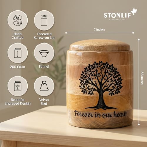 Large Wooden Cremation Urn for Human Ashes – 200 Cubic Inch Tree of Life Engraved Memorial Urn, Natural Wood, Adult Male Female - size: Large 200 Cu In