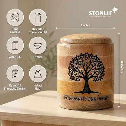 Large Wooden Cremation Urn for Human Ashes – 200 Cubic Inch Tree of Life Engraved Memorial Urn, Natural Wood, Adult Male Female - size: Large 200 Cu In