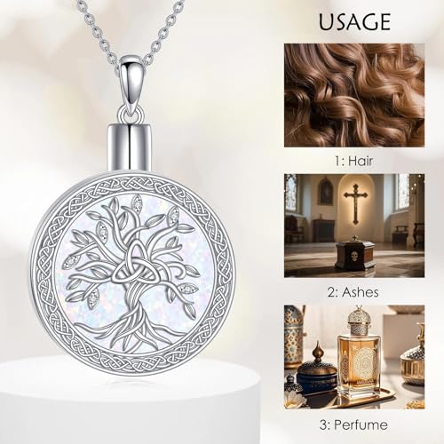 Diamond Tree of Life Urn Necklace for Ashes 925 Sterling Silver Family Tree of Life Cremation with Funnel Filler Ash Holder Keepsake Memorial Jewelry Gifts for Women,18+2 inch - style: Style 3-Opal
