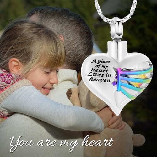 Imrsanl Heart Cremation Urn Necklace Pendant for Human Ashes - A Piece of My Heart Lives in Heaven Memorial Keepsakes Cremation Jewelry - color: Colorful