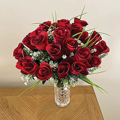 Artificial Roses, 42cm Fake Flowers for Decoration, Grass Bush with Gyp & Foliage 24 Red Roses Heads, Red Artificial Flowers for Outdoor & Indoor Events Wedding Party Home Decor (1, Red With Gyp)