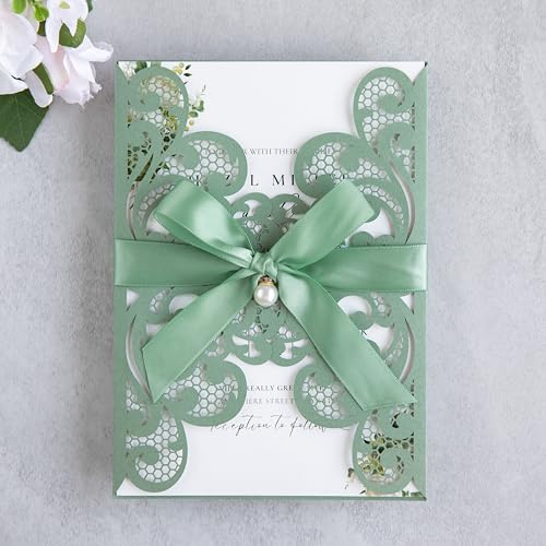 20Pcs Sage Green Laser Cut Wedding Invitation Cards With Envelopes - color: Sage Green