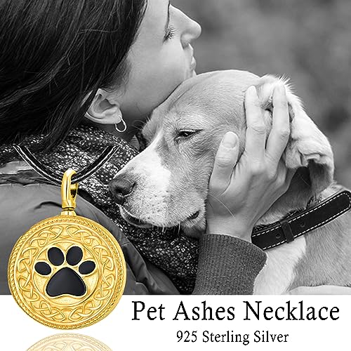 Dreamboat Pet Urn Necklace for Dog Cat Ashes 925 Sterling Silver Paw Print Cremation Keepsake Pendant Celtic Knot Memorial Jewelry Gifts for Women Men - style: 01C-Round (Gold)