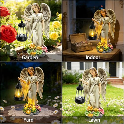 Solar Garden Statue Angel Figurine,11.8in Fairy Angel Solar Lights Outdoor | 7 LED Lights, Solar Outdoor Sculptures for Outside Balcony Patio Yard Ornament, Gifts for Women Mom, Cemetery Grave Decor - style: 1 Pack - Angel with Lantern