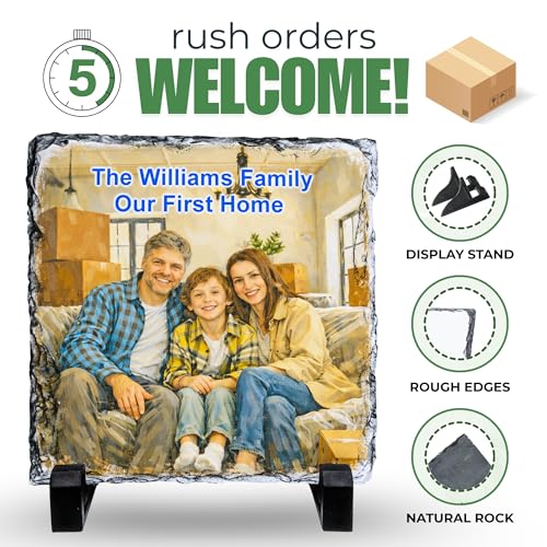 Personalized Photo Rock Slate Frame - First Home - Square Shape | Custom Stone Plaque Picture Frame, Our First Home Personalized Photo Frame, Customizable Picture Frame in Two Sizes - color: First-Home-Slate