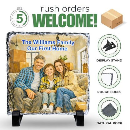 Personalized Photo Rock Slate Frame - First Home - Square Shape | Custom Stone Plaque Picture Frame, Our First Home Personalized Photo Frame, Customizable Picture Frame in Two Sizes - color: First-Home-Slate