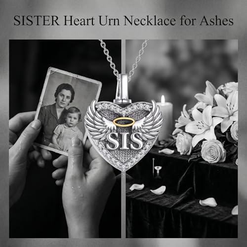 Family Members Urn Necklace for Ashes 925 Sterling Silver Angel Wings Heart Cremation Memorial Keepsake Pendant Jewelry for Loved One's Ashes, with 18" + 2" Stainless Steel Chain - style: Heart-Sister