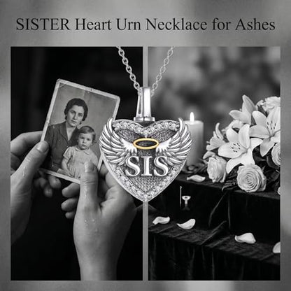 Family Members Urn Necklace for Ashes 925 Sterling Silver Angel Wings Heart Cremation Memorial Keepsake Pendant Jewelry for Loved One's Ashes, with 18" + 2" Stainless Steel Chain - style: Heart-Sister