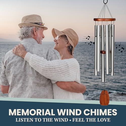 Woodstock Chimes of Comfort 24" Memorial Wind Chimes for Outdoor & Garden, Tuned to Amazing Grace, Sympathy Gift Silver Aluminum Tubes, Teak Wood Finish (WCOC)