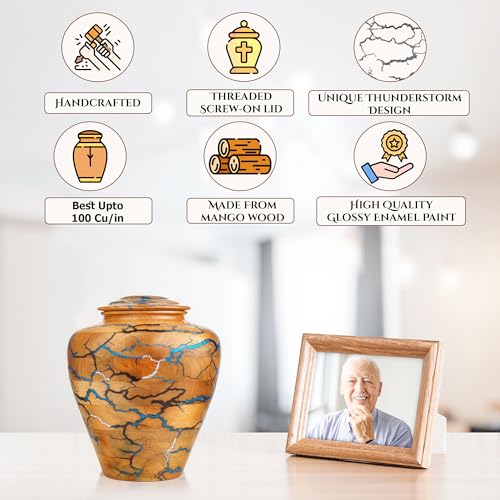 Wooden Cremation Urn for Human Ashes Adult Male & Female – Handmade Mango Wood & Epoxy Resin – Decorative Burial Memorial Urn with Secure Lid (Medium, 6x6x8 Inch, 100 Cu in) – by Bhartiya Handicrafts - size: Medium – 6x6x8 Inch – 100 Cu In