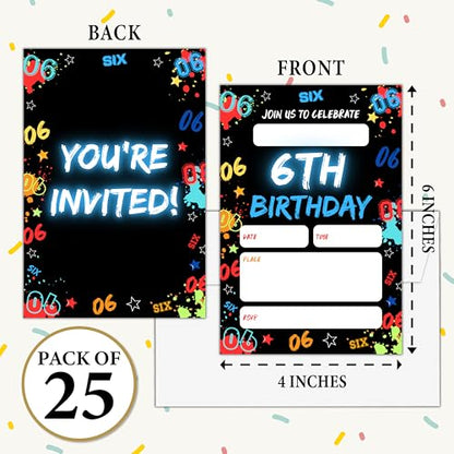 Birthday Invitations for Boys- Glow Neon 6th Bday Invites with Envelopes (25-Count) - Digital Number Party Invite Cards for Party Supplies Favors Decorations-H01 - style: Neon 6th