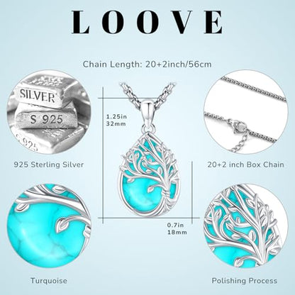 Sterling Silver Tree of Life Necklace for Women Oval Family Tree Necklace Abalone Shell Moonstone Pendant Mother Day Necklace for Mom Tree of Life Jewelry - style: Tree of Life-Turquoise-2