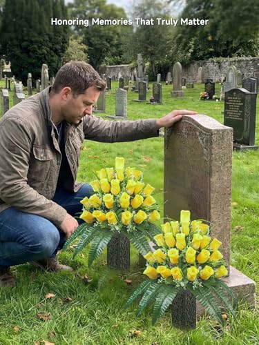 Mirevielyn 2-Pack 24-Stem Artificial Rose Cemetery Flowers with Vases - color: Yellow (Warm Memory)