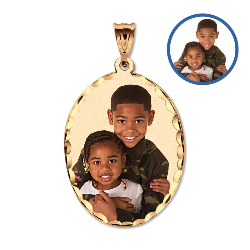 Oval w/Diamond Cut Edge Custom Photo Engraved Pendant - in Solid 14K, 10k, Yellow, White, Or Sterling Silver - color: Solid 10K Yellow Gold + Photo, size: 1 x 1-1/4 Inch