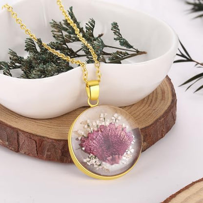 AUNTESIGN Forget-Me-Not and Queen Anne's Lace Pressed Wildflower Necklace | Birth Month Flowers Necklace | Gold/Silver Pressed Flower Jewelry | Mother's Day | Gift For Her - color: Carnation Necklace