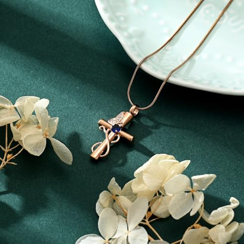 Butterfly Cross Cremation Jewelry Urn Necklaces Cross Butterfly Urn Necklaces for Ashes Memorial Keepsake Pendant for Women Men Gifts With Funnel Kit & Bag - color: Rose+Blue