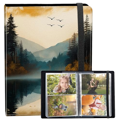 Photo Album 3.5x5 80 Photos Small Capacity PU Leather Cover, Lake Scenery Mini Photo Album 3.5x5 with Elastic band, Birthday Christmas Photo Albums Wedding Anniversary - color: Lake Scenery, size: 3.5*5 Holds 80 Photos