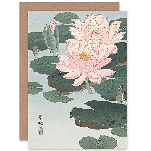 Artery8 Ohara Koson Flowering Water Lily Painting Fine Art Greeting Card Plus Envelope Blank Inside - color: Flowering Water Lily