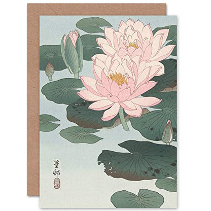 Artery8 Ohara Koson Flowering Water Lily Painting Fine Art Greeting Card Plus Envelope Blank Inside - color: Flowering Water Lily