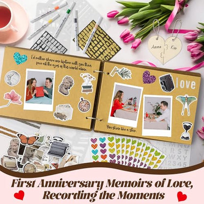 CY2SIDE Couple 1 Year Anniversary Scrapbook - 111PCS 1st Down Photo Wooden Album Scrapbook Craft Kit with Heart Puzzle Brown Paper Sticker Marker Template for DIY Anniversary Dating Gifts for Him Her - style: 1 Year Couple
