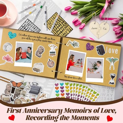 CY2SIDE Couple 1 Year Anniversary Scrapbook - 111PCS 1st Down Photo Wooden Album Scrapbook Craft Kit with Heart Puzzle Brown Paper Sticker Marker Template for DIY Anniversary Dating Gifts for Him Her - style: 1 Year Couple