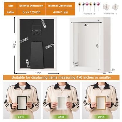 4x6 Small Shadow Box Frame with Ultra-Clear Glass & Soft Linen Back | With Push Pins and Stand, Deep 1.2" White Shadow Box Display Case – Display on Tabletop or Wall for Photo, Flower, Keepsakes - color: White+high Definition Panel + Shatter-proof Packagi