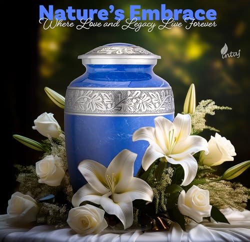 Marble Finish Metal Cremation Urn for Human Ashes, 200 Cu in, Blue - color: Blue, size: Large