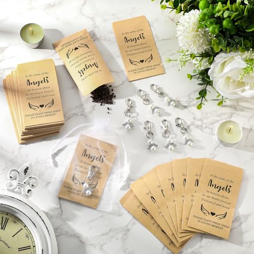 50 Sets Funeral Favors for Guests 50 Celebration of Life Angel Keychain Pearl Keychain 50 Memorial Seed Packets Small Envelopes and Organza Bags Funeral Memorial Party Guests Gifts, No Seed