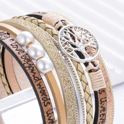 Tree of Life Inspirational Leather Wrap Bracelets Boho Western Cowgirl Cuff - color: Beige