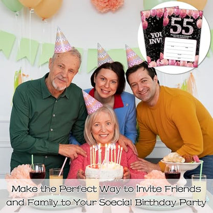 Birthday Invitations - 55th Bday Invites with Envelopes(25-Count) - Pink Balloon Glitter Fill-in Invite Cards for Party Supplies Favors Decorations - G03 - style: Pink Balloon 55th