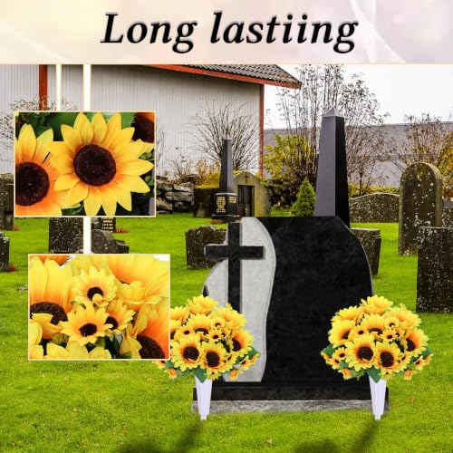 Artificial Cemetery Flowers for Grave Decorations - 4 Sunflower Bouquets with 2 Vases & Spikes - Lifelike Memorial Flowers for Cemetery Headstones Decoration ﻿ (Yllow)