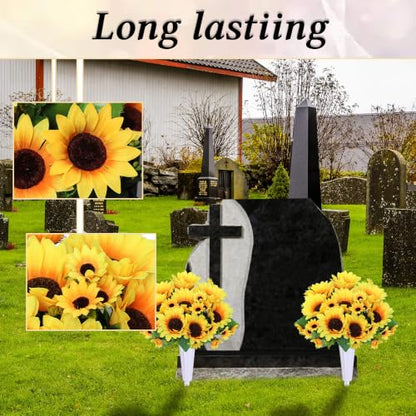 Artificial Cemetery Flowers for Grave Decorations - 4 Sunflower Bouquets with 2 Vases & Spikes - Lifelike Memorial Flowers for Cemetery Headstones Decoration ﻿ (Yllow)
