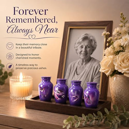 Keepsake Urns Small for Human Ashes Set of 4 | Mini Funeral Cremation Pot with Velvet Box | Cremated Remains Storage Container & Box